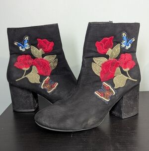 Primark Black Suede-effect Finish Floral Embroidered Ankle Boots Dark Romance